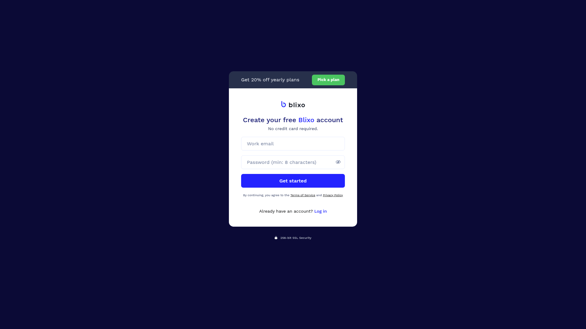 Screenshot: Sign‑up form that shows the free plan and onboarding steps.