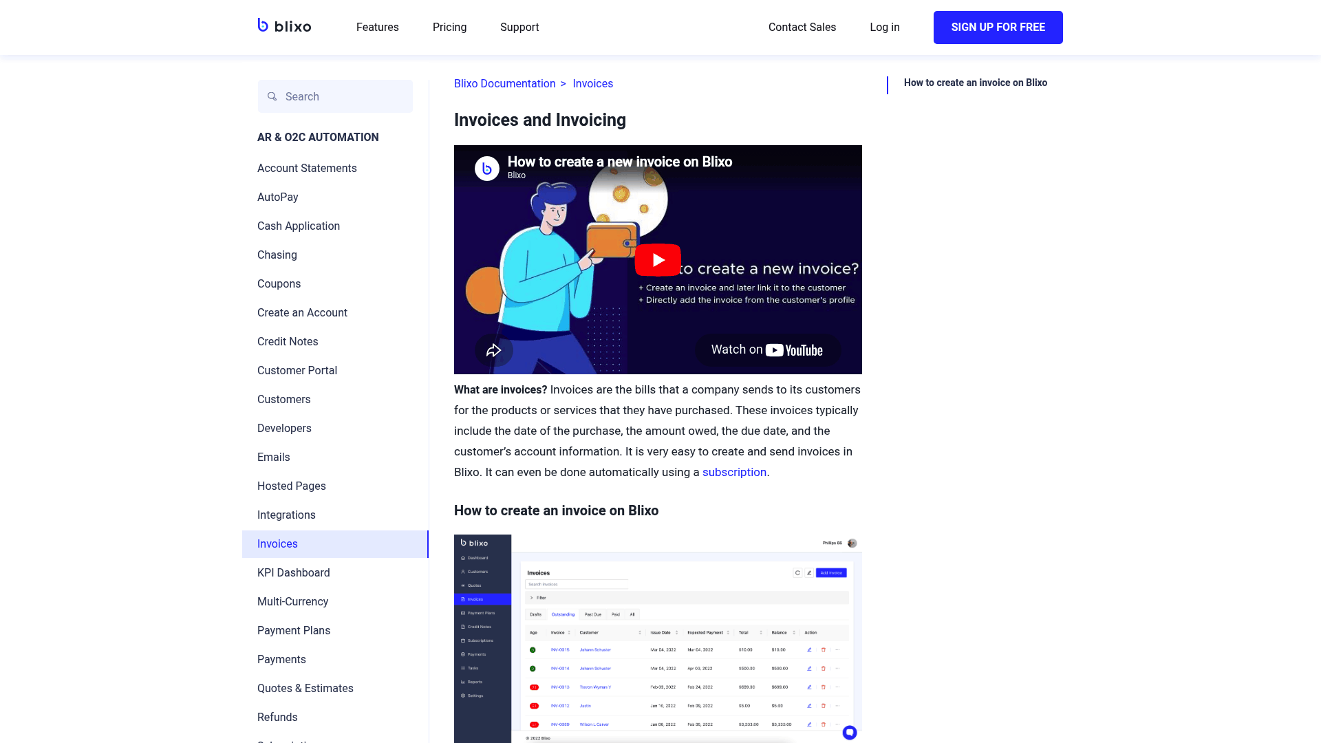Screenshot: UI for creating and managing invoices within Blixo.
