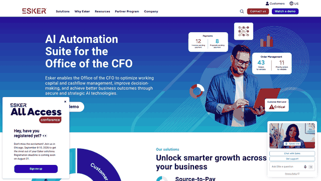 Screenshot: Visual snapshot of Esker&rsquo;s homepage showcasing its branding, key features, and navigation.