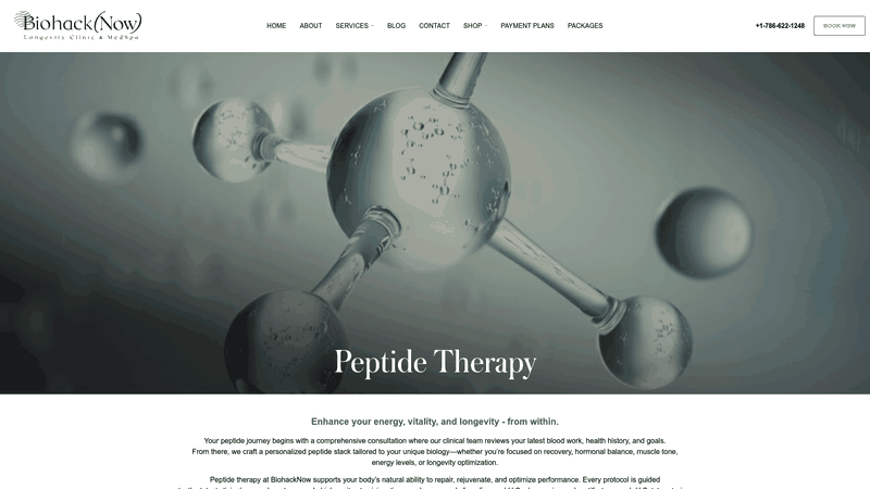 Screenshot: Full‑page view of BiohackNow’s Peptide Therapy landing page, showing the overview of peptide categories, benefits for skin, and the consultation process.