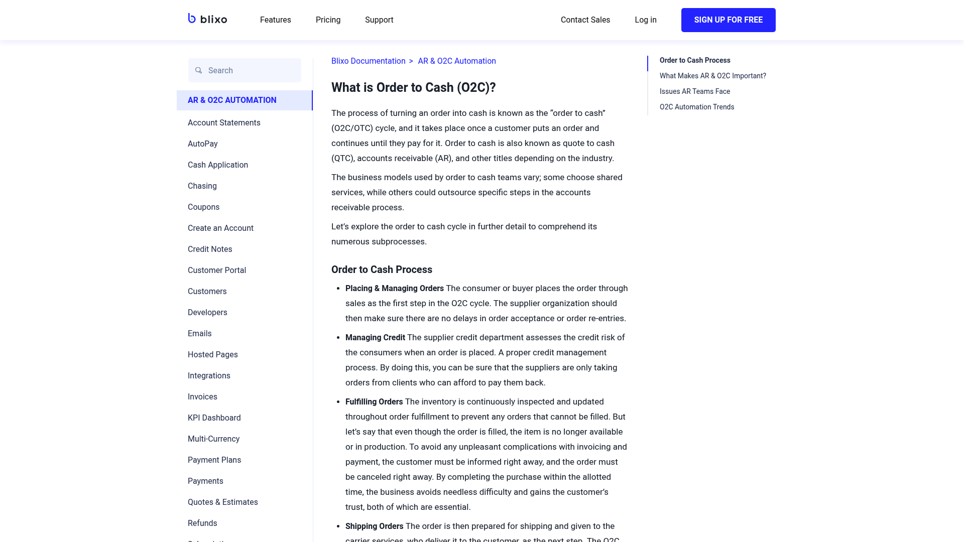 Screenshot: Documentation page that outlines AI‑powered cash application, smart invoicing, and subscription billing features.