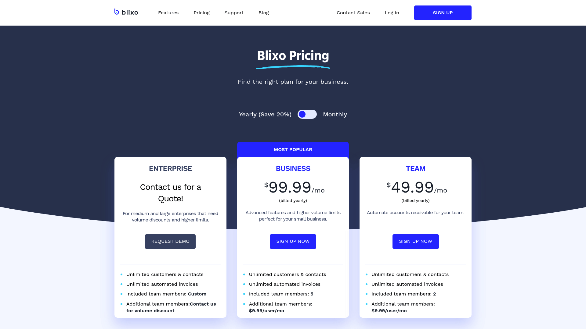 Screenshot: Pricing table showing Blixo&rsquo;s plan options and features.