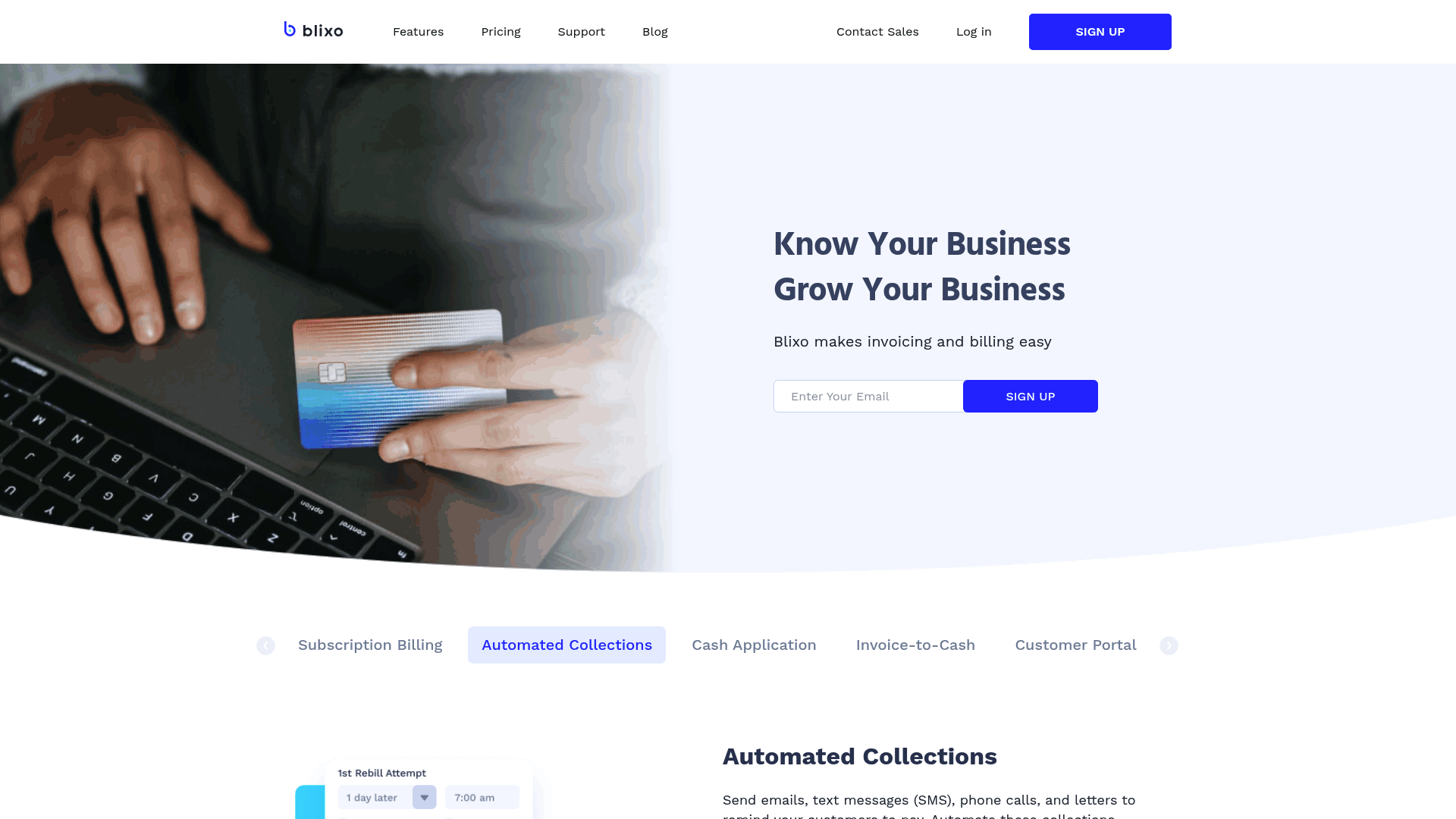 Screenshot: Automated Collections page showcasing multi‑channel reminders and task management tools.