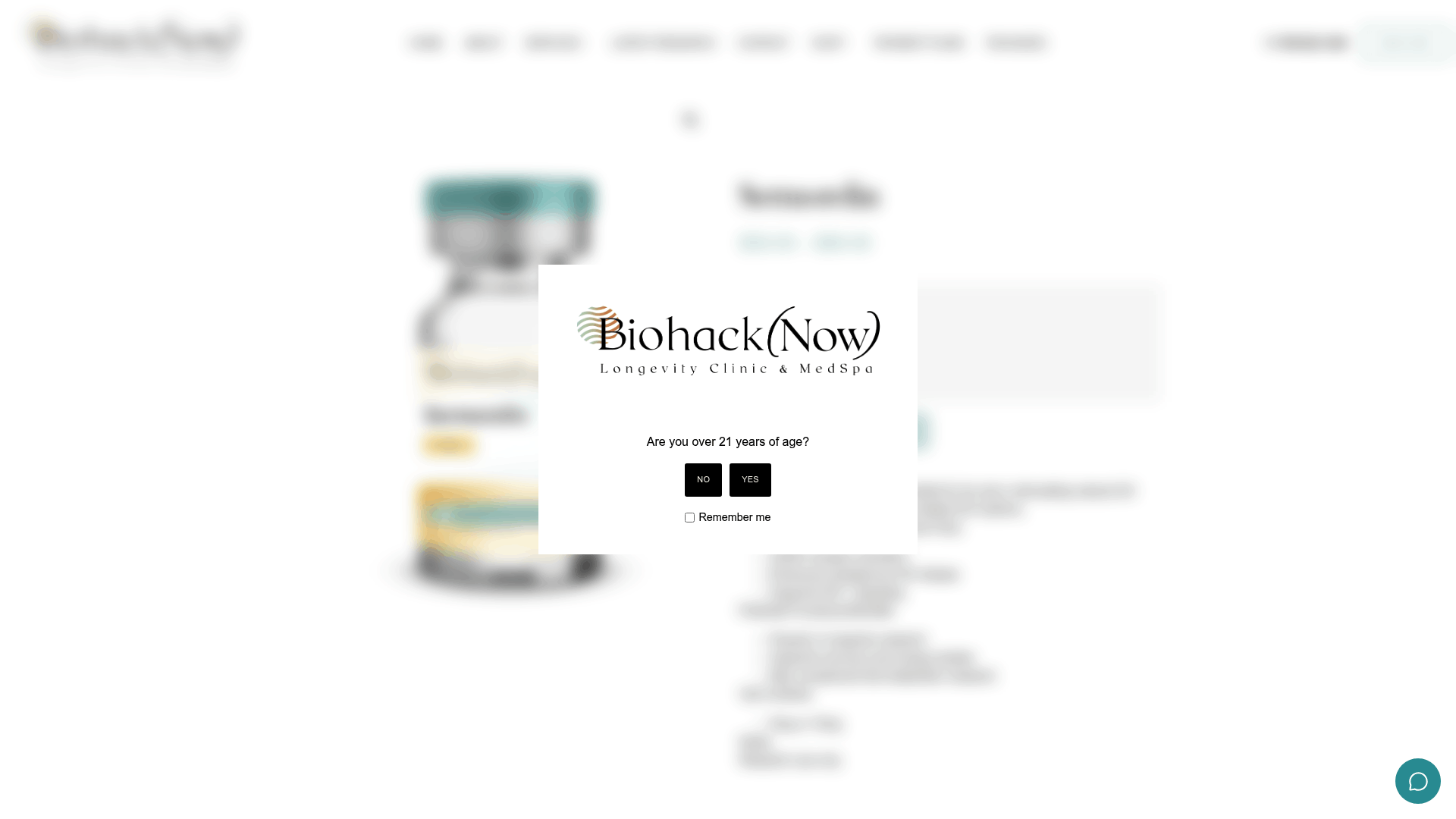Screenshot: Product page for Sermorelin, displaying dosage options, scientific background, and benefits.
