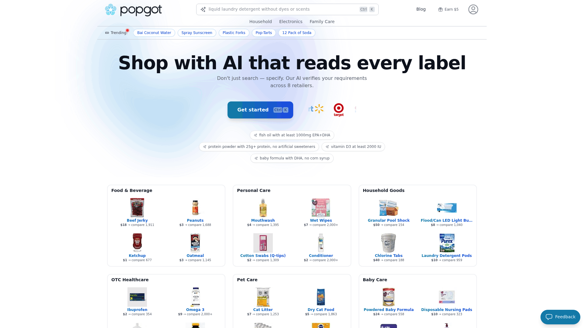 Screenshot: Popgot’s homepage showcasing the AI‑powered search bar and key feature highlights such as "Your Specs, Verified" and "Accurate Unit Pricing".