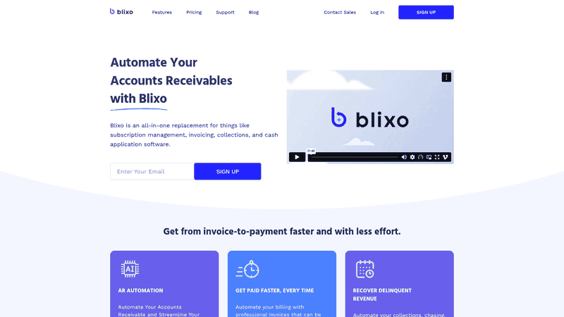 Screenshot: Blixo homepage feature highlights