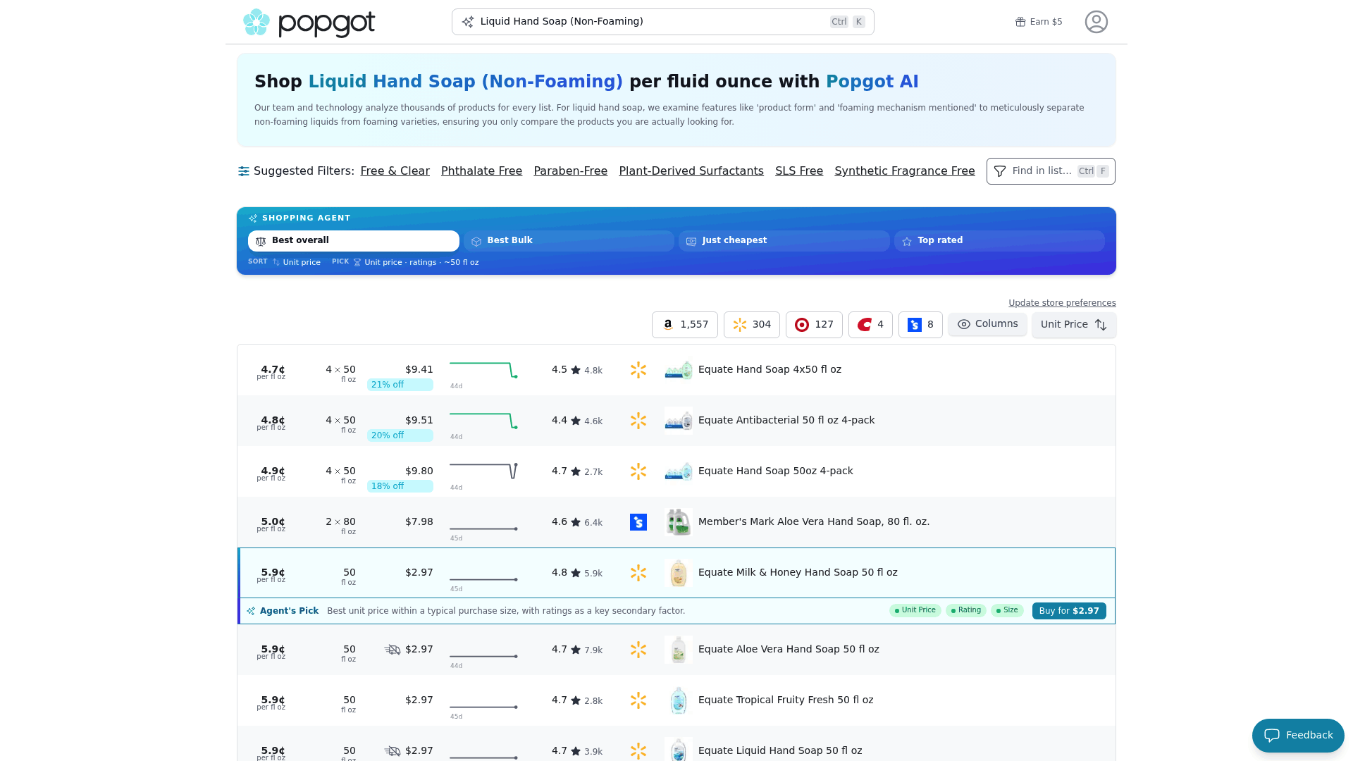 Screenshot: Shows Popgot's comparison table for non‑foaming liquid hand soap, highlighting unit prices and product picks.