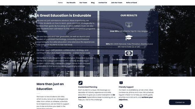Screenshot: Illustrates Endurable Education's Base + Bonus pricing model and key admission success statistics.