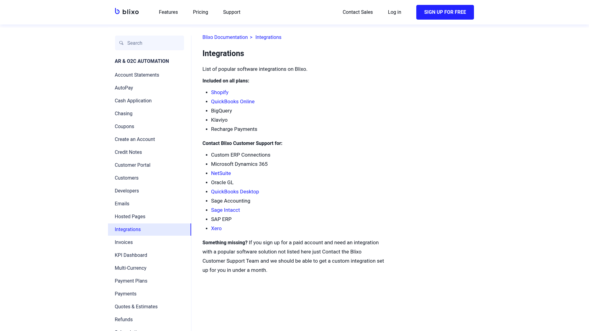 Screenshot: List of popular software integrations supported by Blixo.