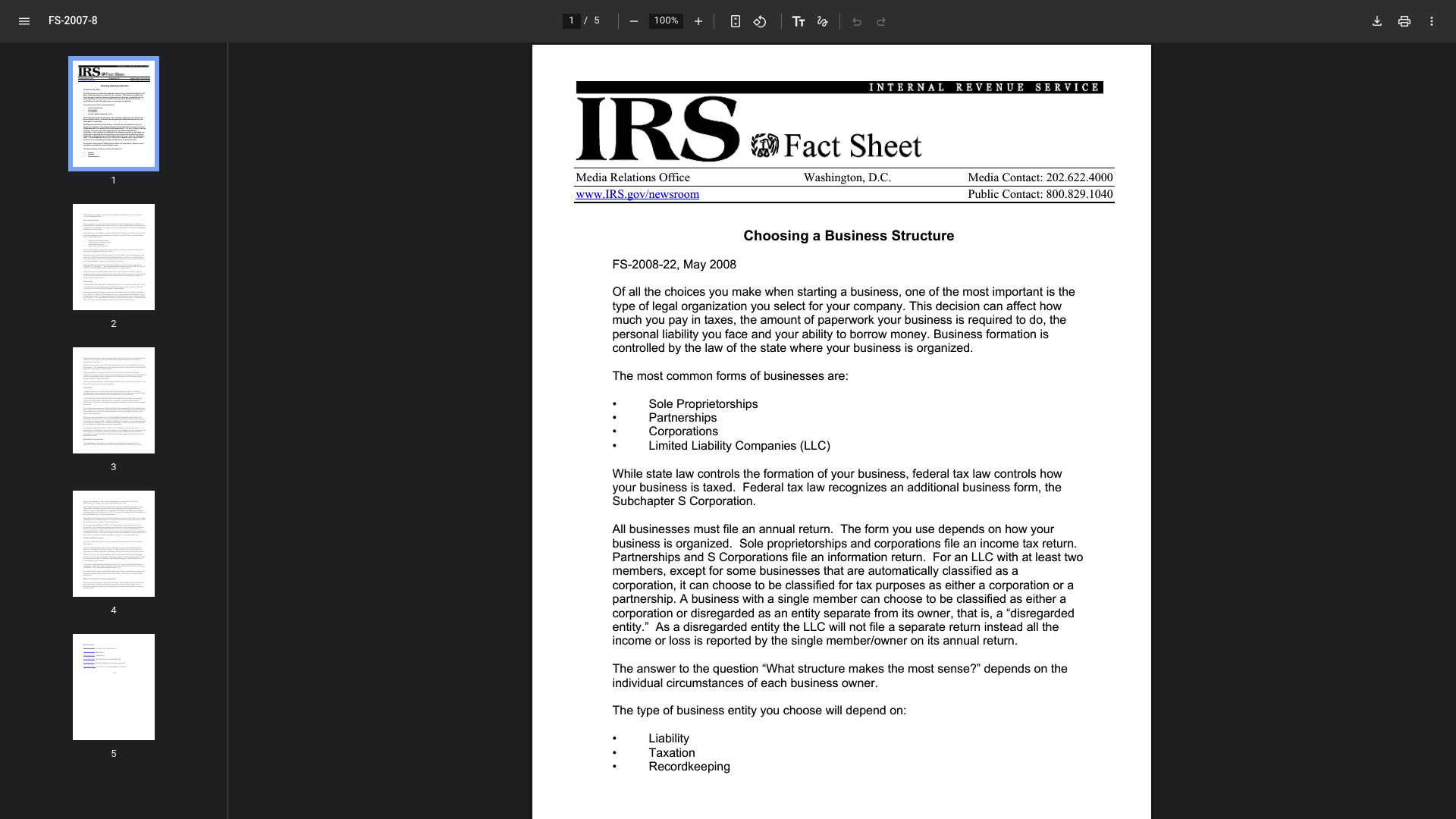 Screenshot: IRS fact sheet on business structures, summarizing sole proprietorship, partnership, corporation, and LLC options.
