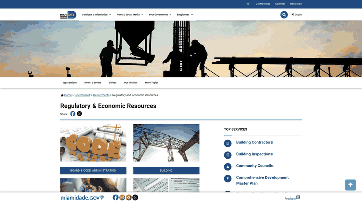 Screenshot: Miami‑Dade County's Business Online Services page, highlighting available licenses, permits, and payment options.