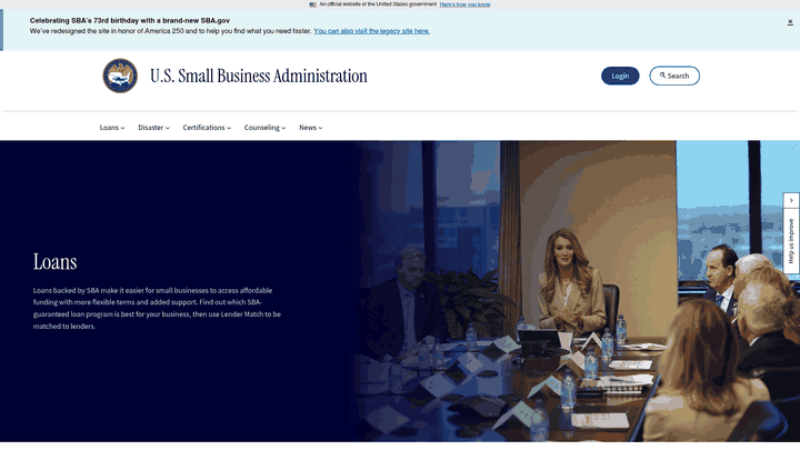 Screenshot: SBA Loans page, outlining available loan programs and the lender‑matching tool.