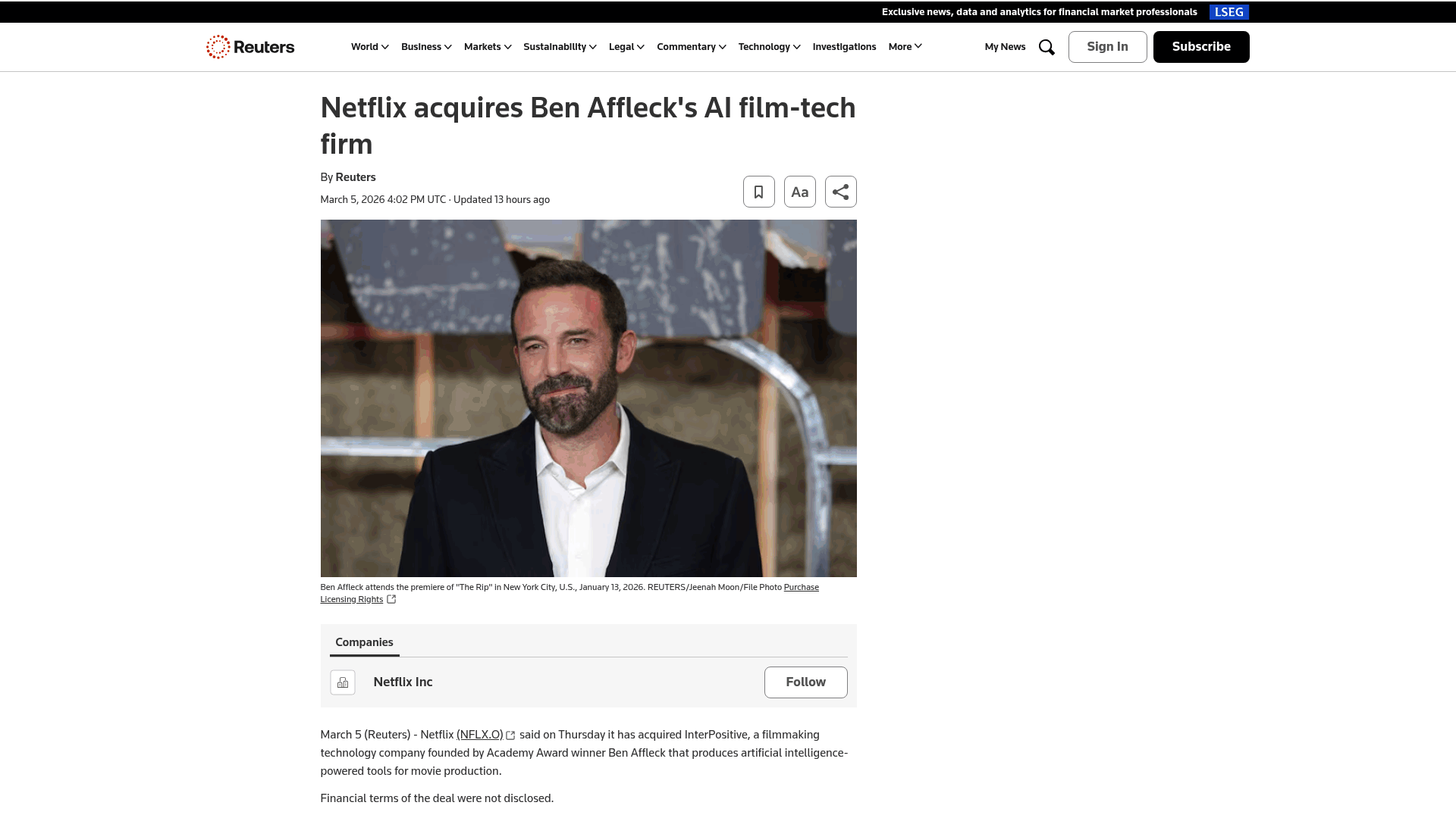 Screenshot: Screenshot of the Reuters article header showing the headline, date, and author.