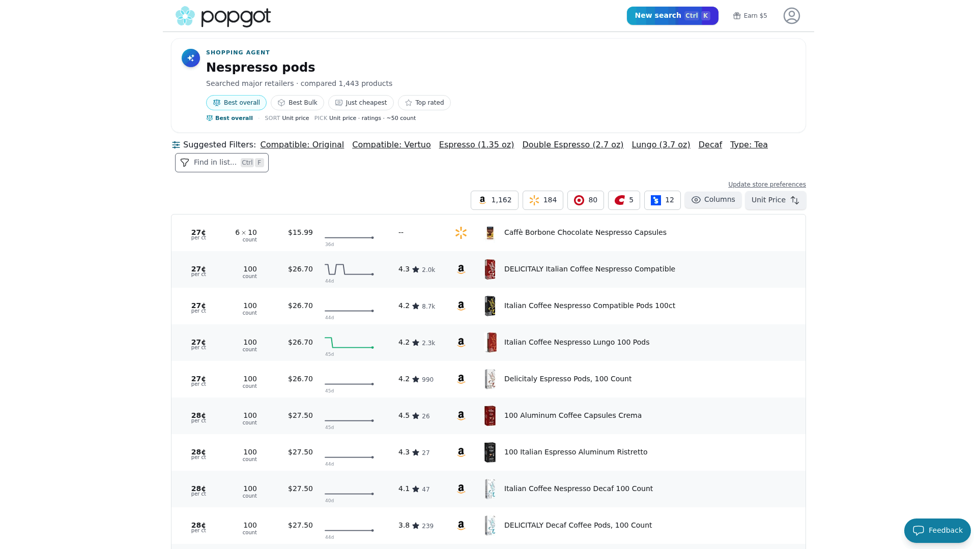 Screenshot: Nespresso Pods guide page, showing sorting options and unit price per count.