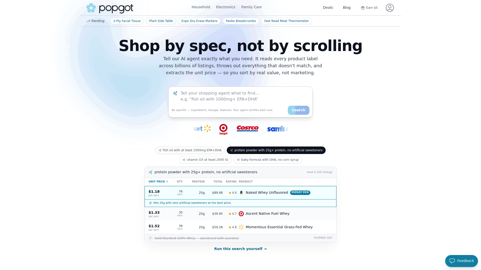 Screenshot: search bar and filter input where users specify ingredients, dosage, and other product specifications.