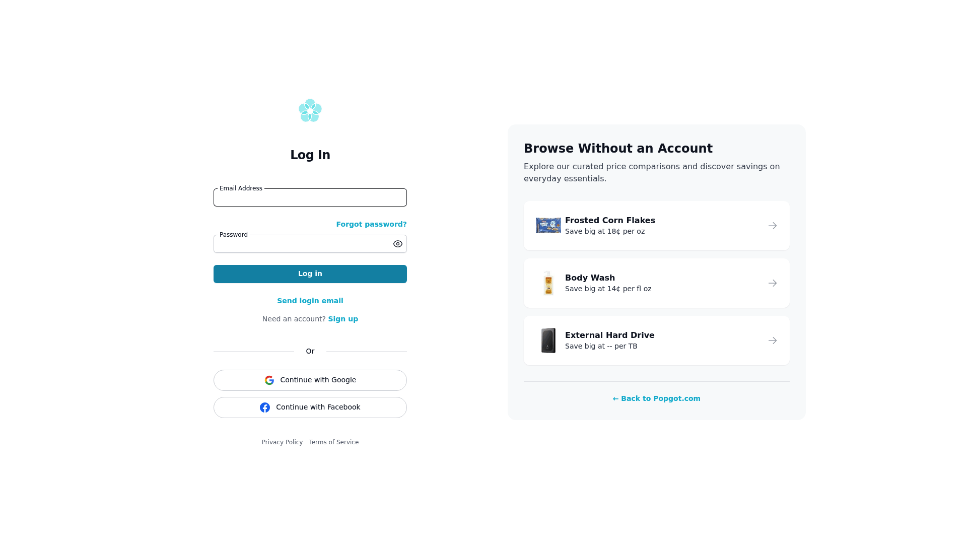 Screenshot: login/sign‑up page, including the option to browse without an account.