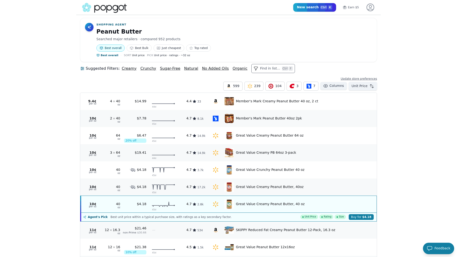 Screenshot: Popgot's peanut-butter comparison page, highlighting ingredient filtering (must be peanuts) and unit price sorting.