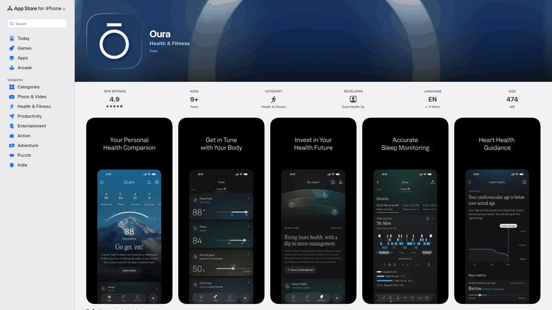 Screenshot: Apple App Store page for the Oura mobile app, illustrating the software that complements the ring