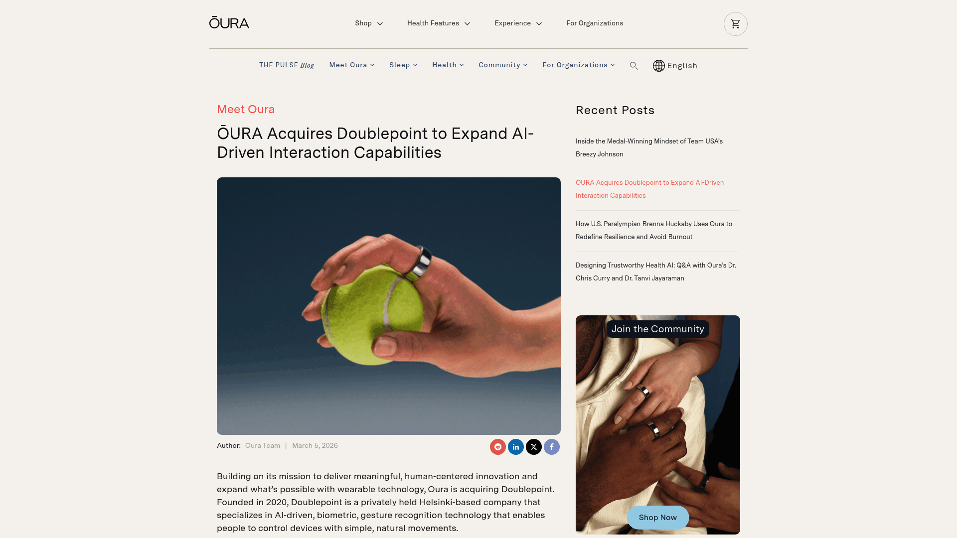 Screenshot: Oura’s official announcement of the Doublepoint acquisition