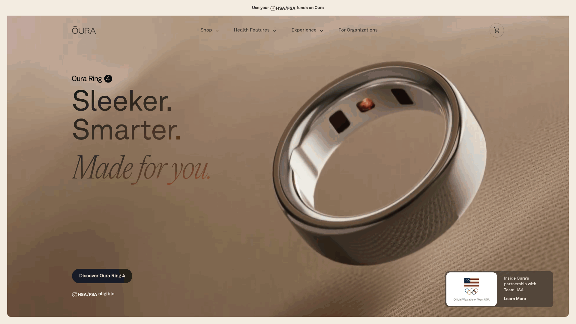 Screenshot: Homepage showcasing the Oura Ring 4 product and key features