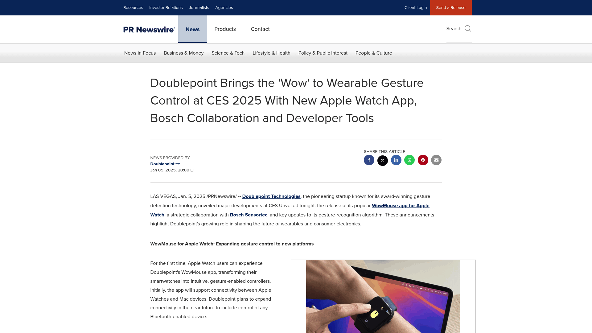 Screenshot: Press release detailing Doublepoint’s gesture‑recognition technology and its applications