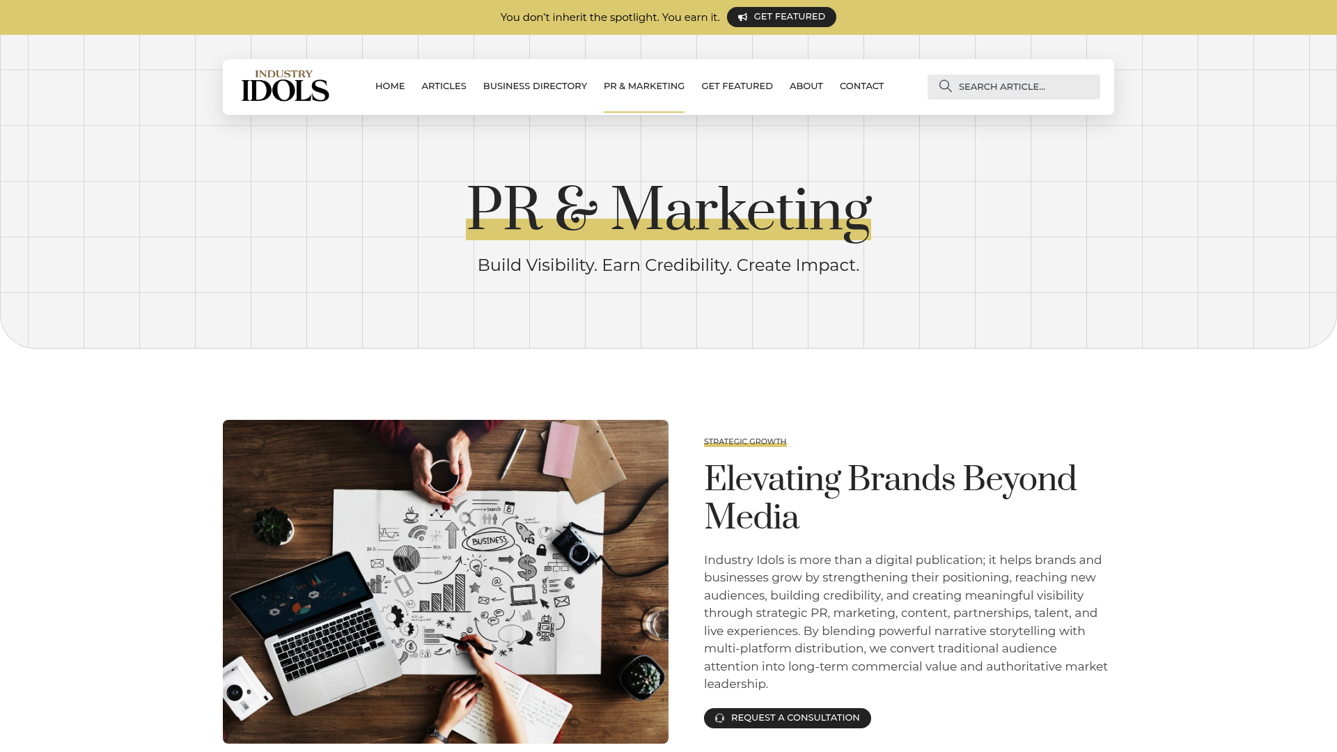 Screenshot: Screenshot of the PR & Marketing services page, highlighting paid PR offerings such as editorial features, press positioning, and media outreach.