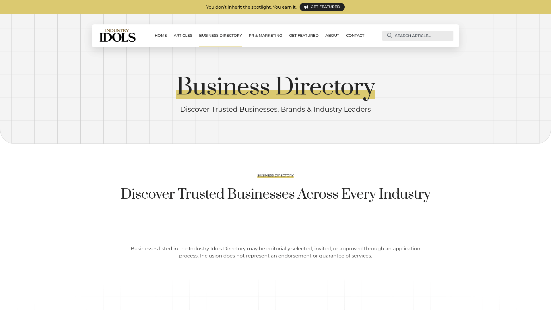 Screenshot: Screenshot of the Business Directory page showing curated businesses that have received editorial coverage.