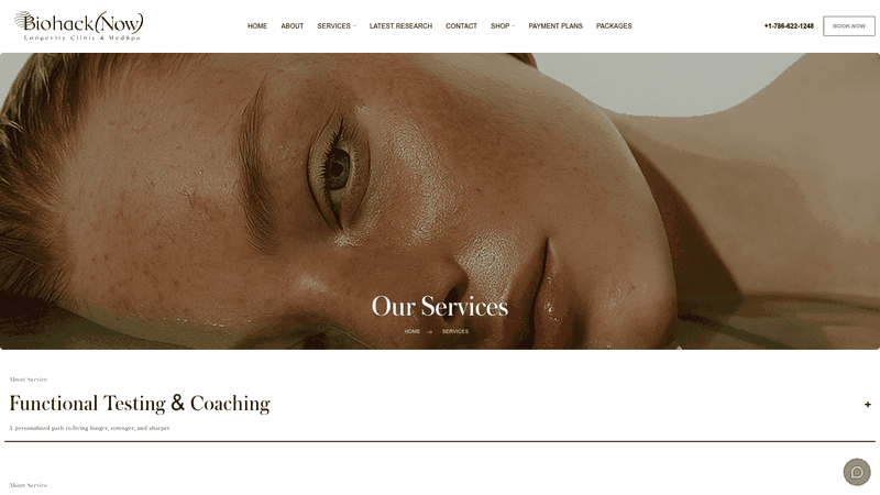 Screenshot: Comprehensive list of services offered, including aesthetics, functional testing, and peptide therapy.