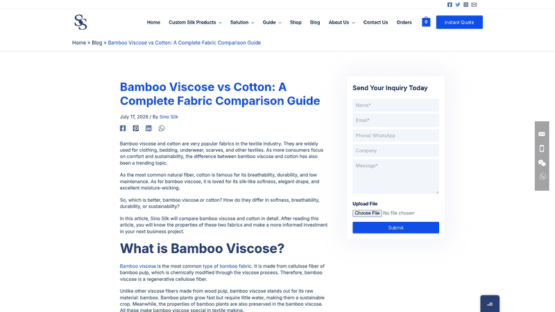 Screenshot: Comparison table screenshot that lists key differences in breathability, moisture management, durability, and price between bamboo viscose and cotton