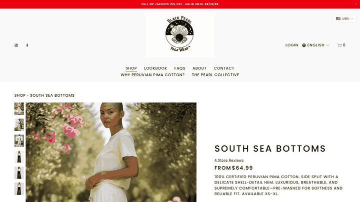 Screenshot: Product page screenshot showing the South Sea Bottoms made from 100% certified Peruvian Pima cotton, highlighting its breathable and luxurious feel