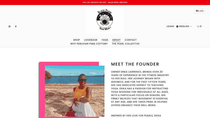 Screenshot: About page screenshot showing the brand's mission and emphasis on stylish, comfortable athleisure that transitions from workouts to casual outings