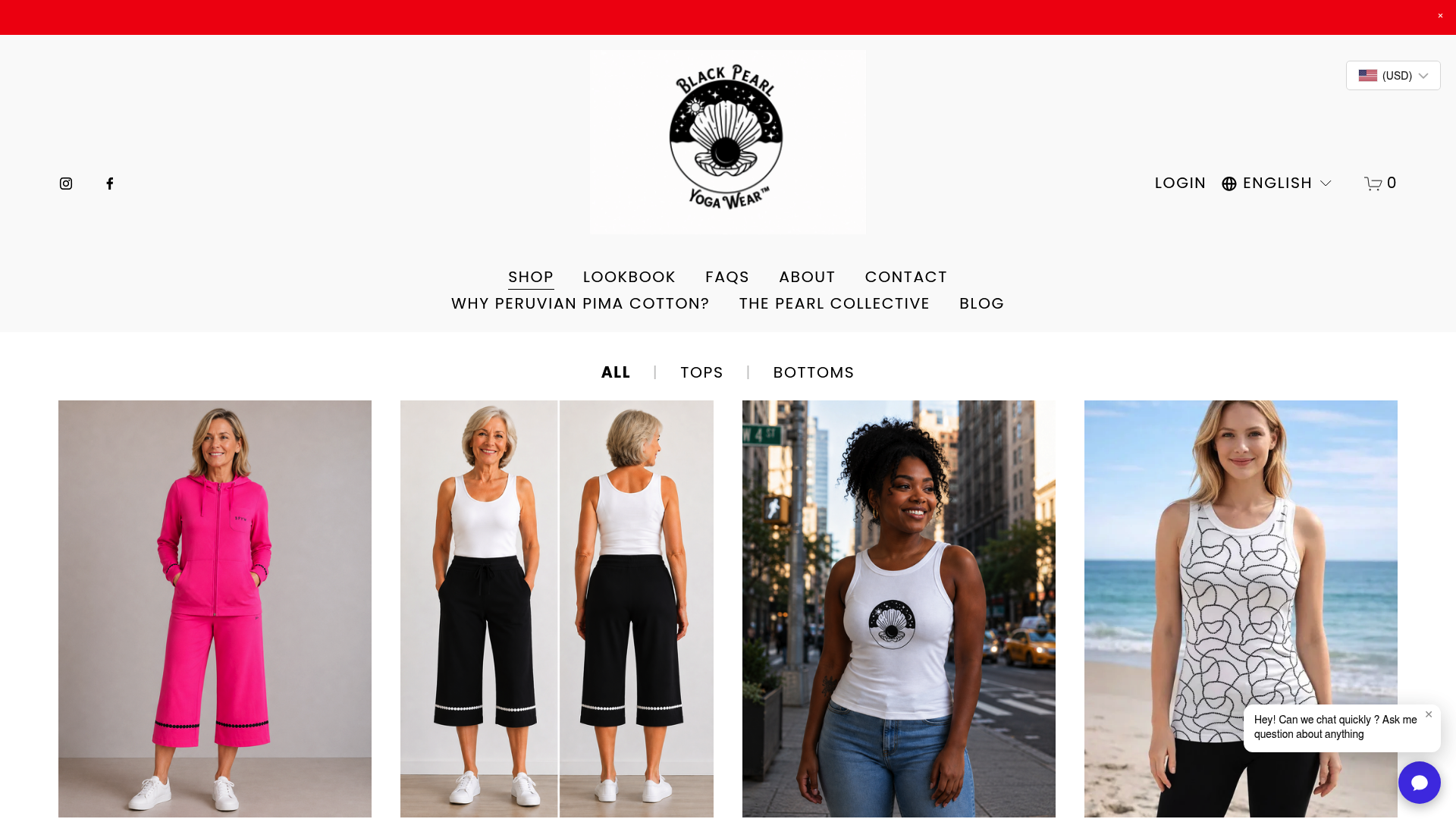 Screenshot: Shop page displaying a range of Pima cotton athleisure items, demonstrating the brand’s product variety and implied durability.
