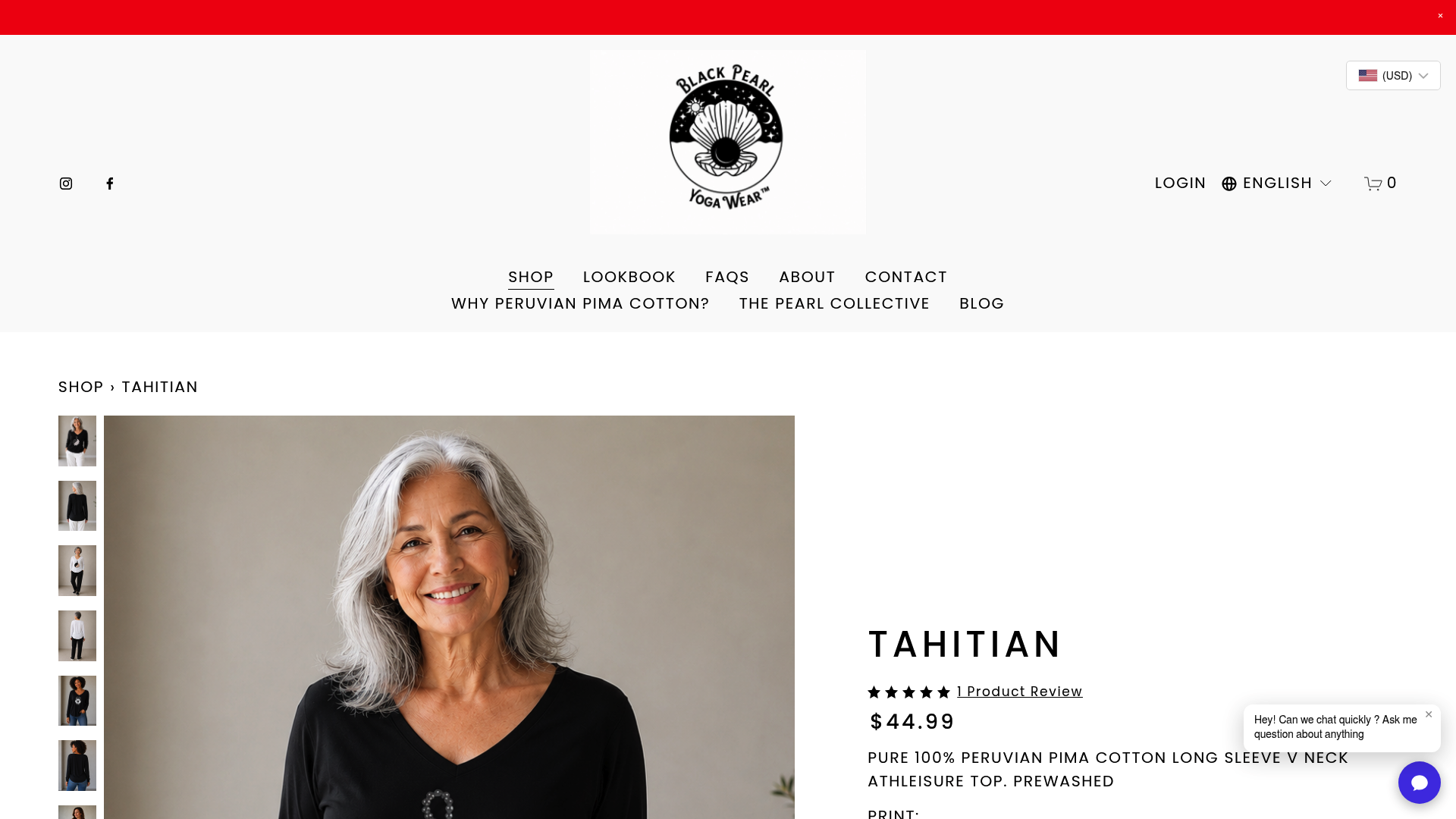 Screenshot: Product detail page for the Tahitian top, showing the explicit mention of “Pure 100% Peruvian Pima Cotton” and product imagery.