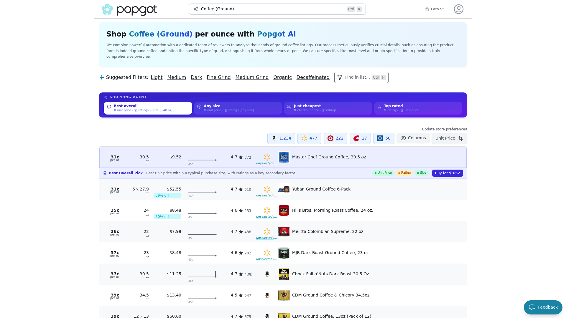 Screenshot: Screenshot of the Ground Coffee product page, showcasing the ingredient/brand filters and sorting options applied to the product list.