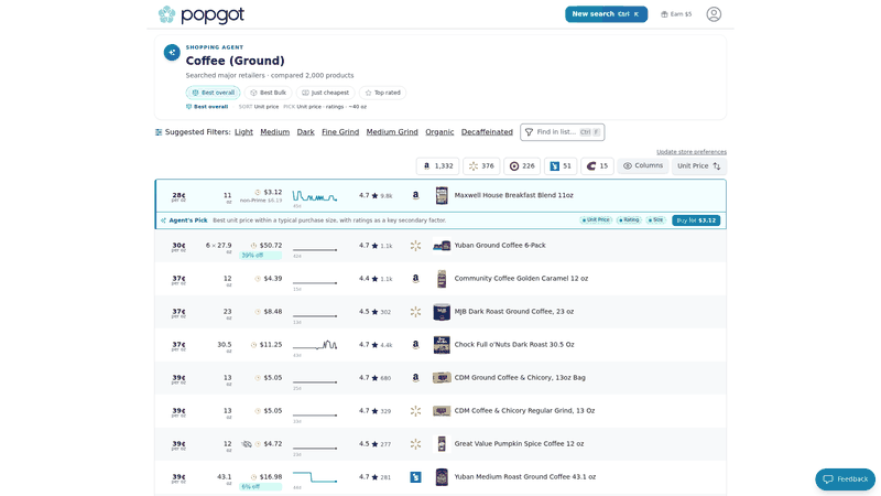 Screenshot: Coffee search results page displaying the unit‑price column, filter sidebar, and product ratings.