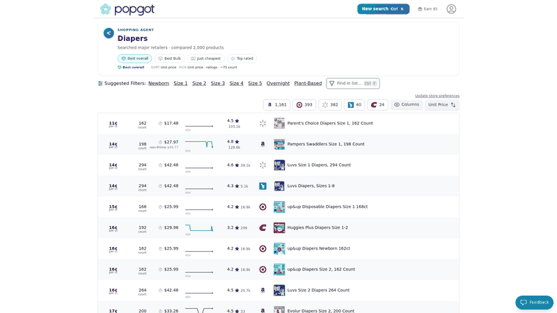 Screenshot: Diapers comparison page with suggested filters for size, brand, and plant‑based options, plus unit‑price sorting.