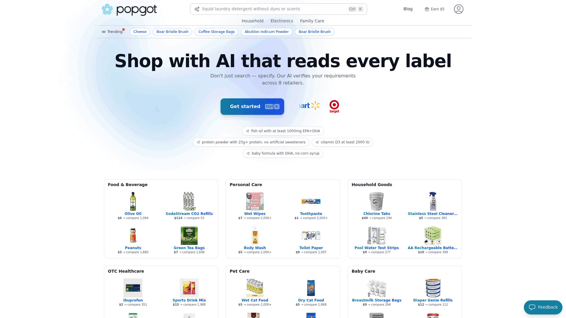 Screenshot: Screenshot of the search interface where users specify product requirements and see AI‑verified results across 8 retailers.