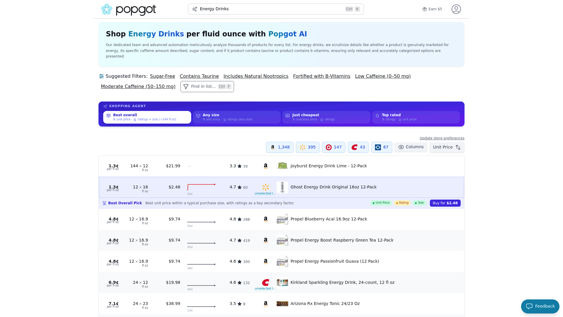 Screenshot: Screenshot of the Energy Drinks curated guide page, displaying unit pricing per fluid ounce and curated filters.