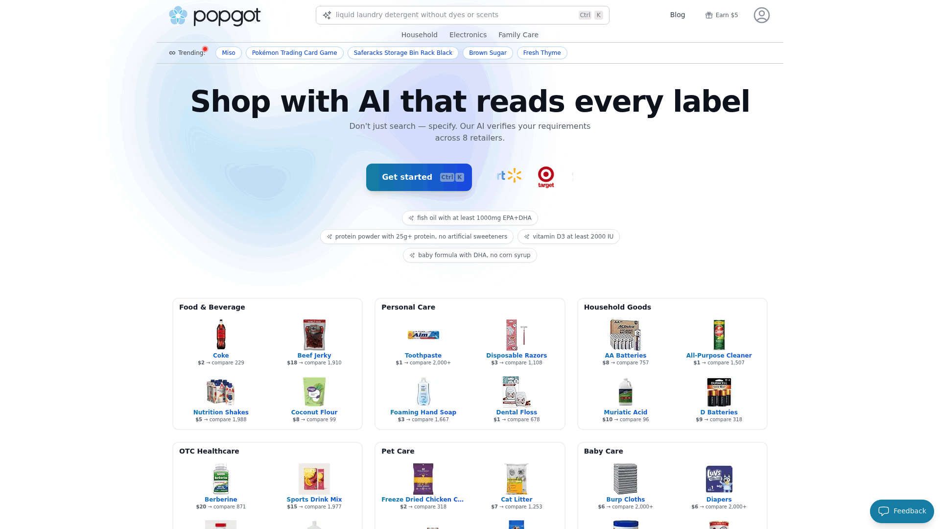 Screenshot: Full‑page view of Popgot’s homepage, showing the AI‑powered search bar and sample product listings.