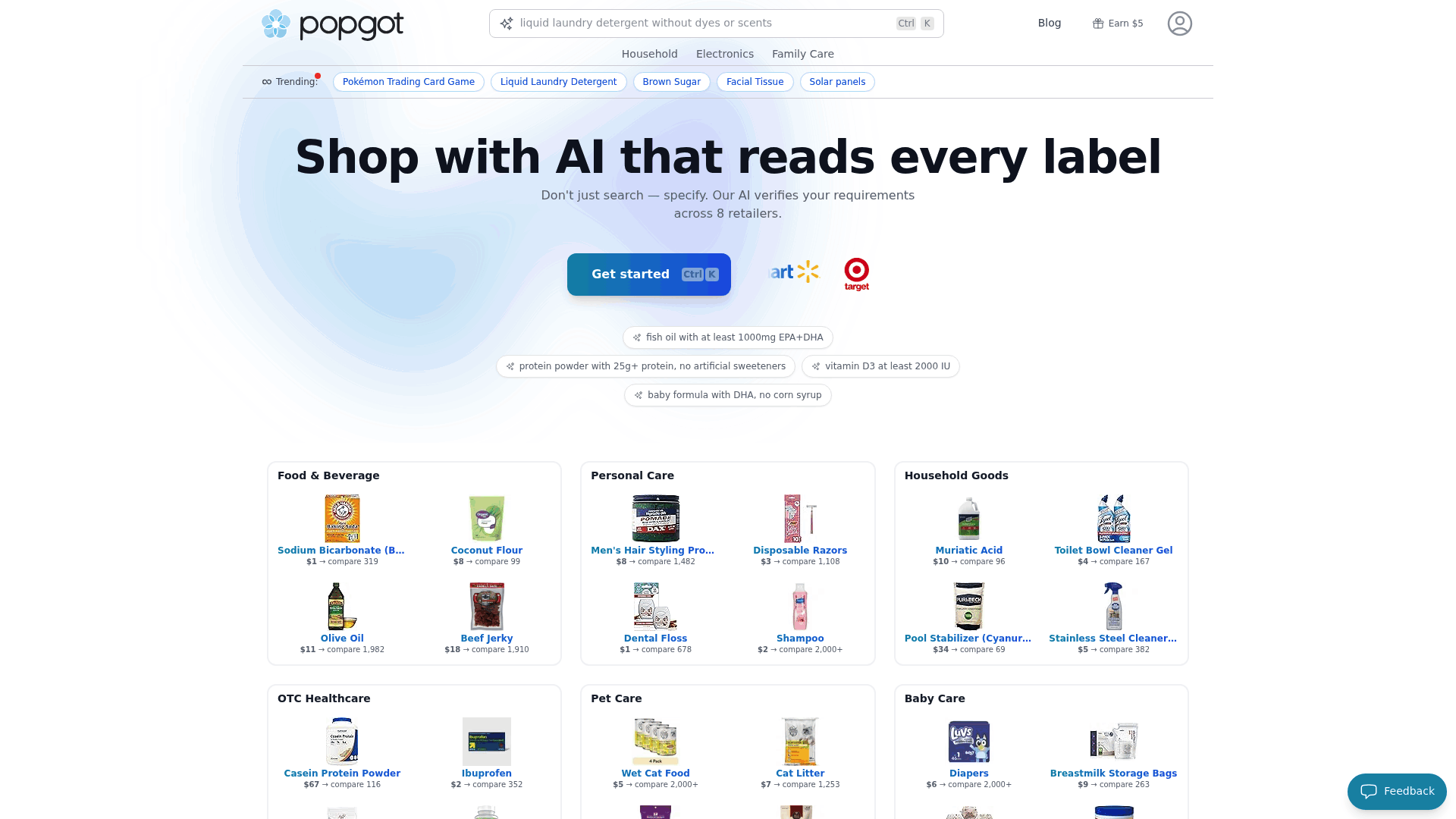 Screenshot: Full-page view of Popgot's homepage showcasing the AI-powered search interface, curated shopping guides, and key feature highlights such as ingredient verification, multi-retailer search, and unit-price accuracy.