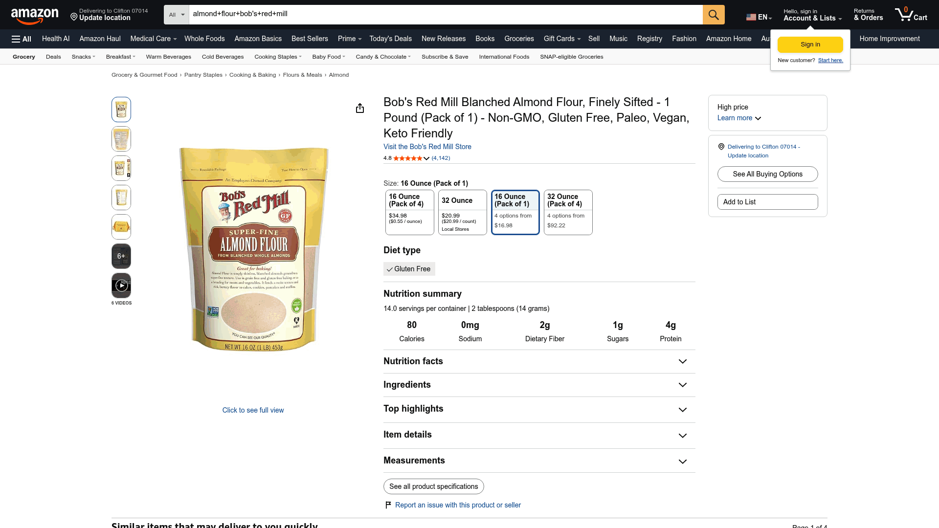 Screenshot: Shows a typical Amazon product page for a keto pantry staple (Bob’s Red Mill Almond Flour) with the price and unit price ($0.62 / ounce) visible, illustrating the manual comparison process.