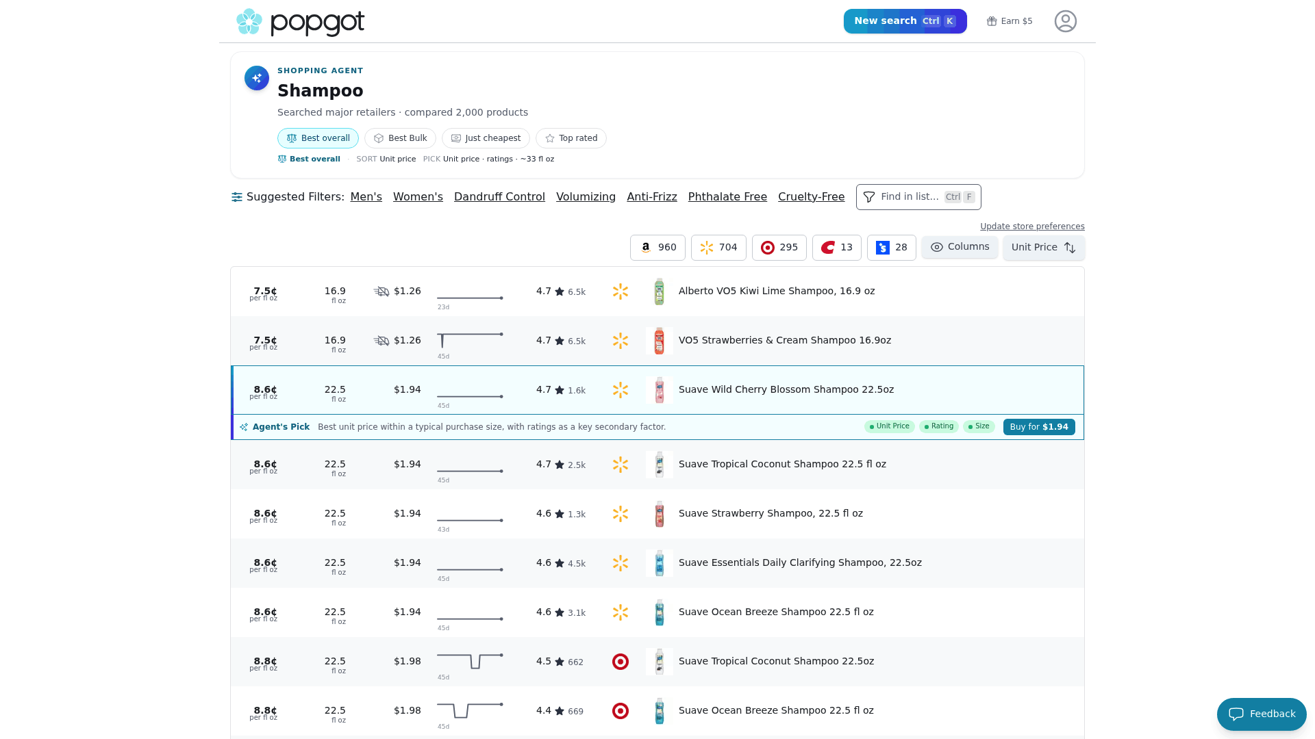 Screenshot: Displays a Popgot product listing page where each item’s unit price per fluid ounce is shown, highlighting accurate unit‑pricing calculations.