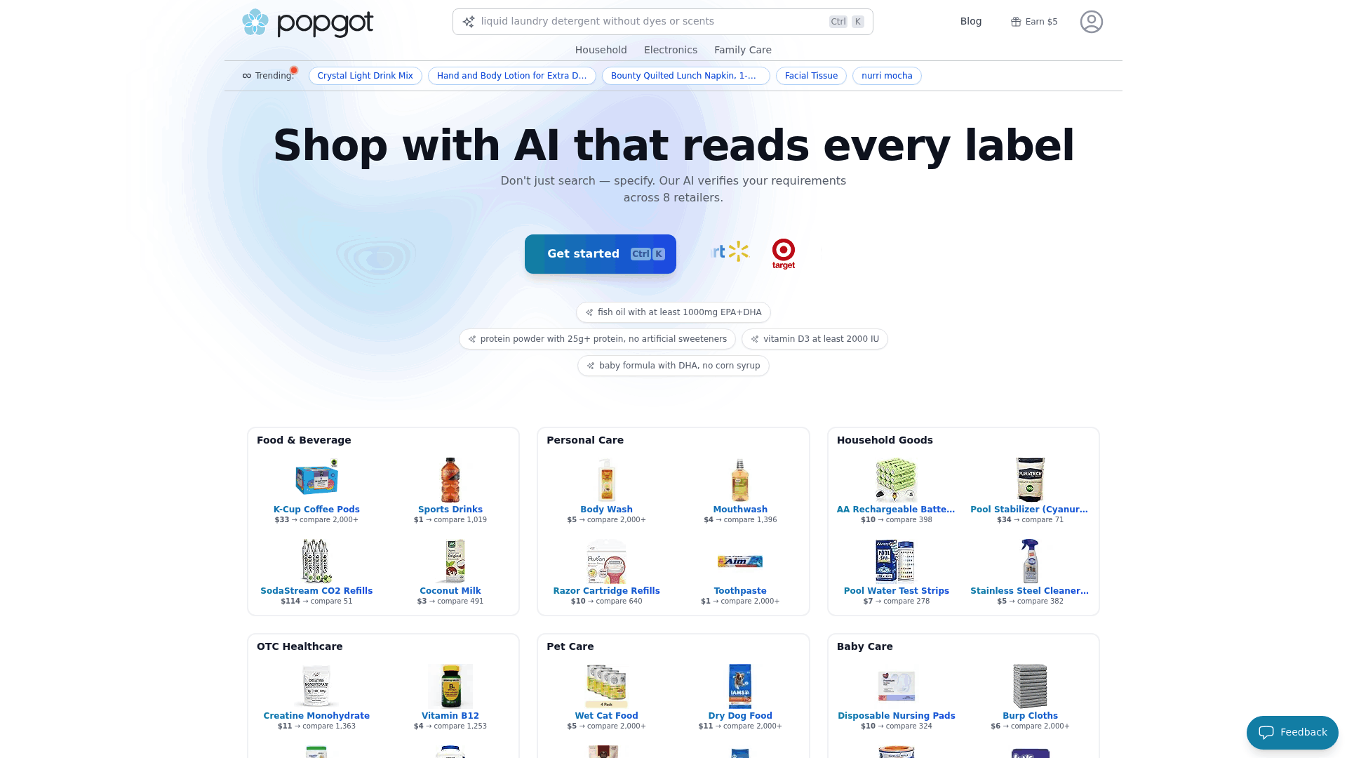 Screenshot: Popgot’s main search interface with AI‑verified filters and unit pricing display.
