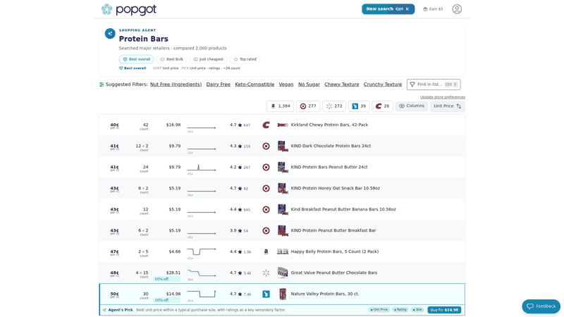 Screenshot: Protein bars comparison table showcasing curated picks and price variations.