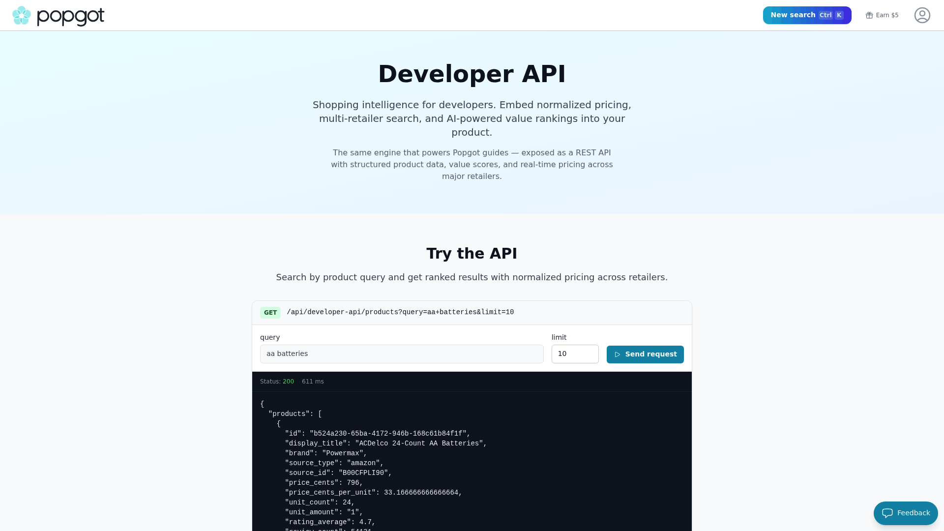 Screenshot: Developer API page showing AI-powered search, multi‑retailer support, and unit pricing.