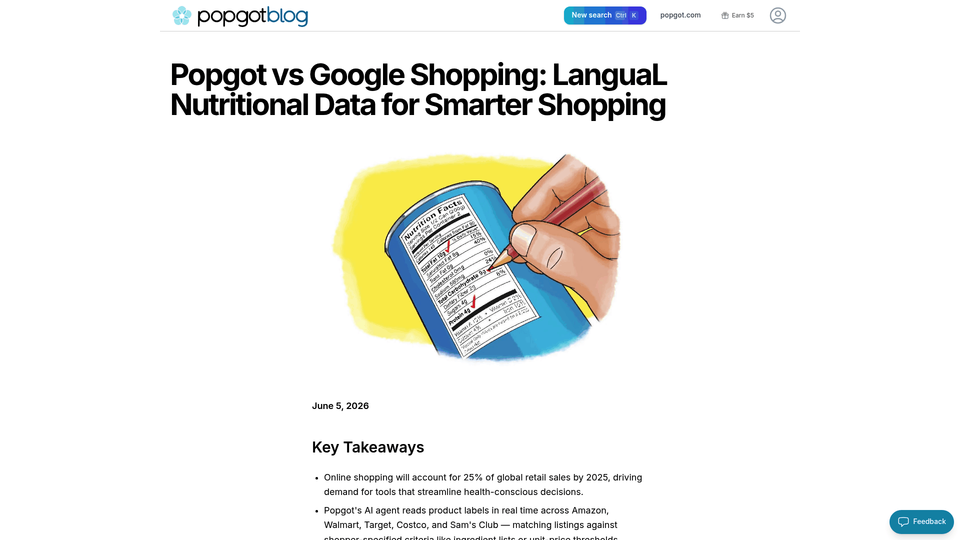 Screenshot: Comparison table of Popgot vs Google Shopping, showing multi‑retailer coverage and unit pricing.