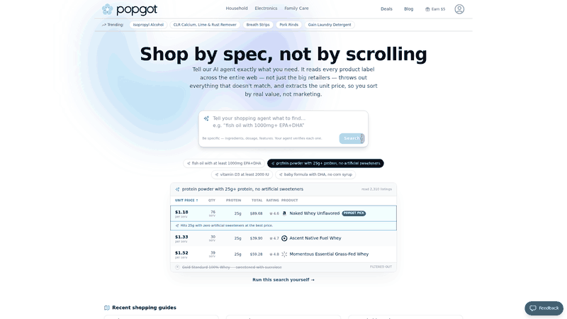 Screenshot: Screenshot of the homepage showing the curated shopping guides list for everyday items.