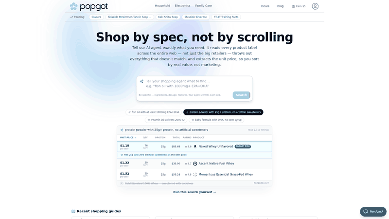 Screenshot: Screenshot of Popgot's homepage showing the search bar, example query, and result listings with unit pricing and verified labels.