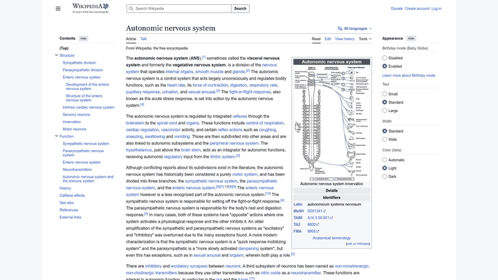 Screenshot: Diagram of the autonomic nervous system showing sympathetic and parasympathetic branches