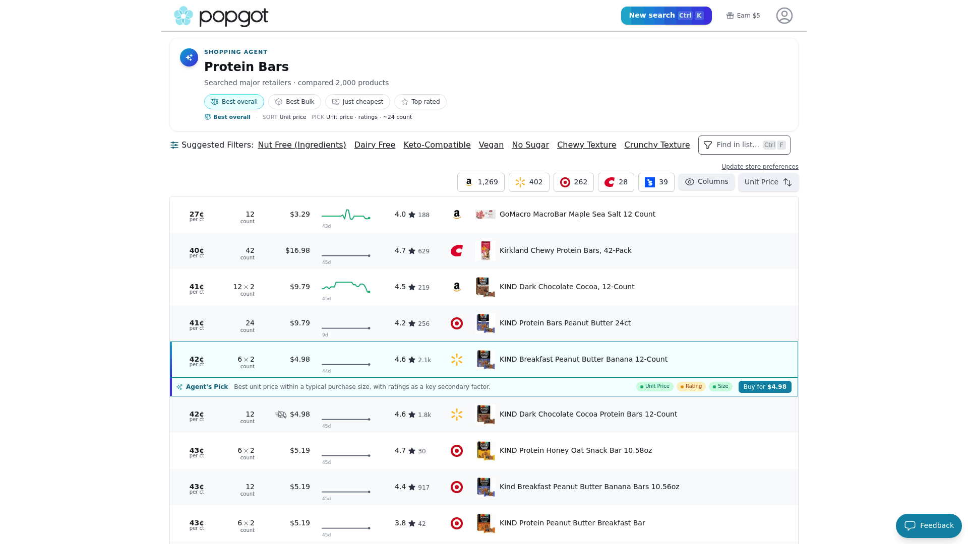 Screenshot: Popgot product list for protein bars, displaying unit price per count and rating.